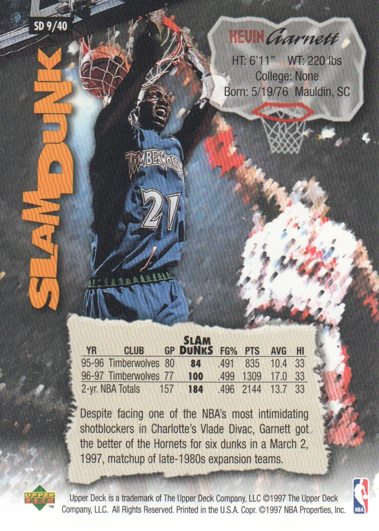 1997 Upper Deck Nestle Slam Dunk #9 Kevin Garnett back image