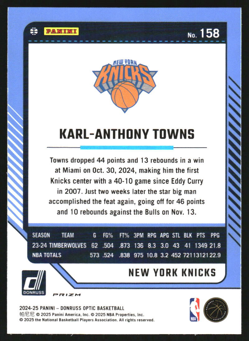 2024-25 Donruss Optic Hyper Pink #158 Karl-Anthony Towns