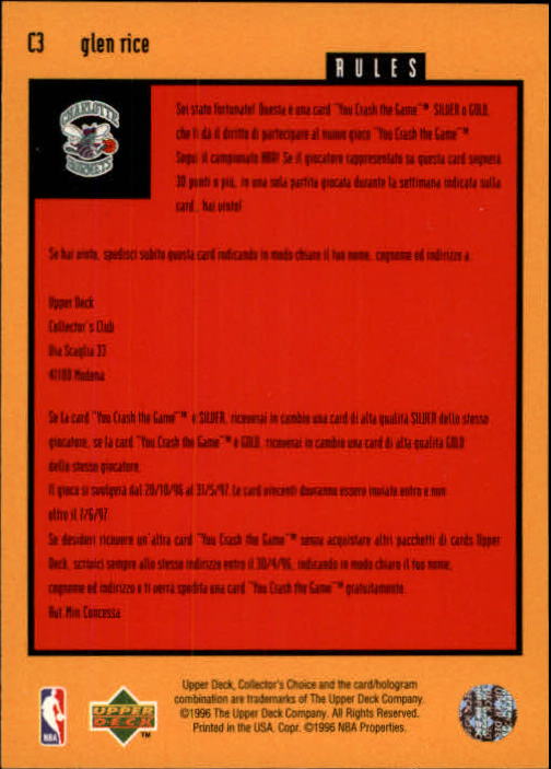 1996-97 Collector's Choice International Italian Crash the Game Scoring #C3A Glen Rice back image