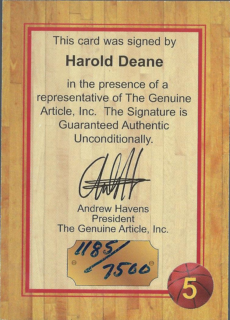 1997 Genuine Article Autographs #5 Harold Deane back image