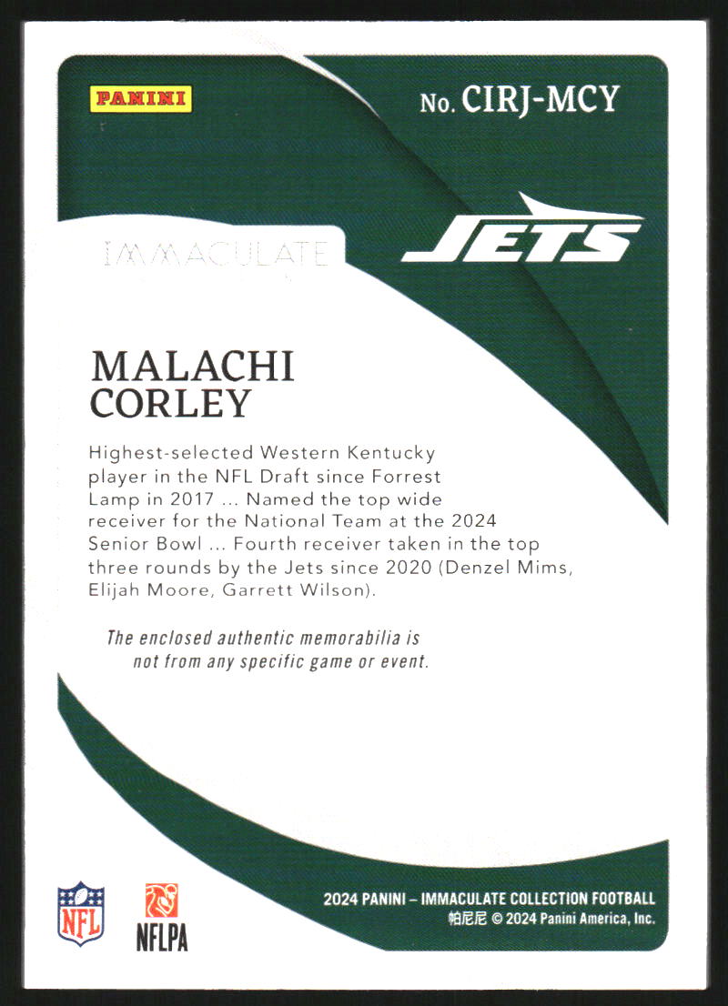 2024 Immaculate Collection Clearly Immaculate Rookie Jerseys #28 Malachi Corley Jersey /99