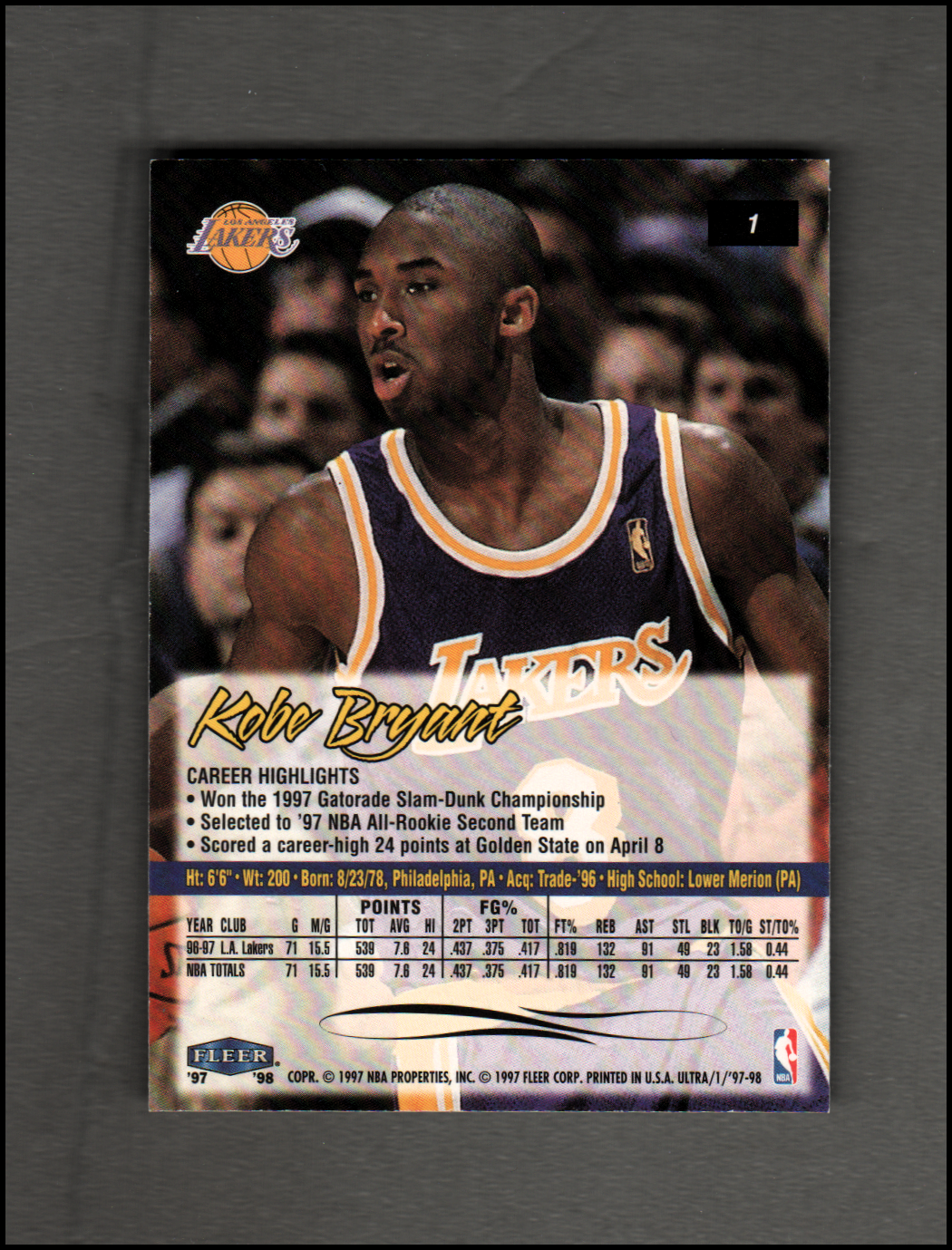 1997-98 Ultra #1 Kobe Bryant back image