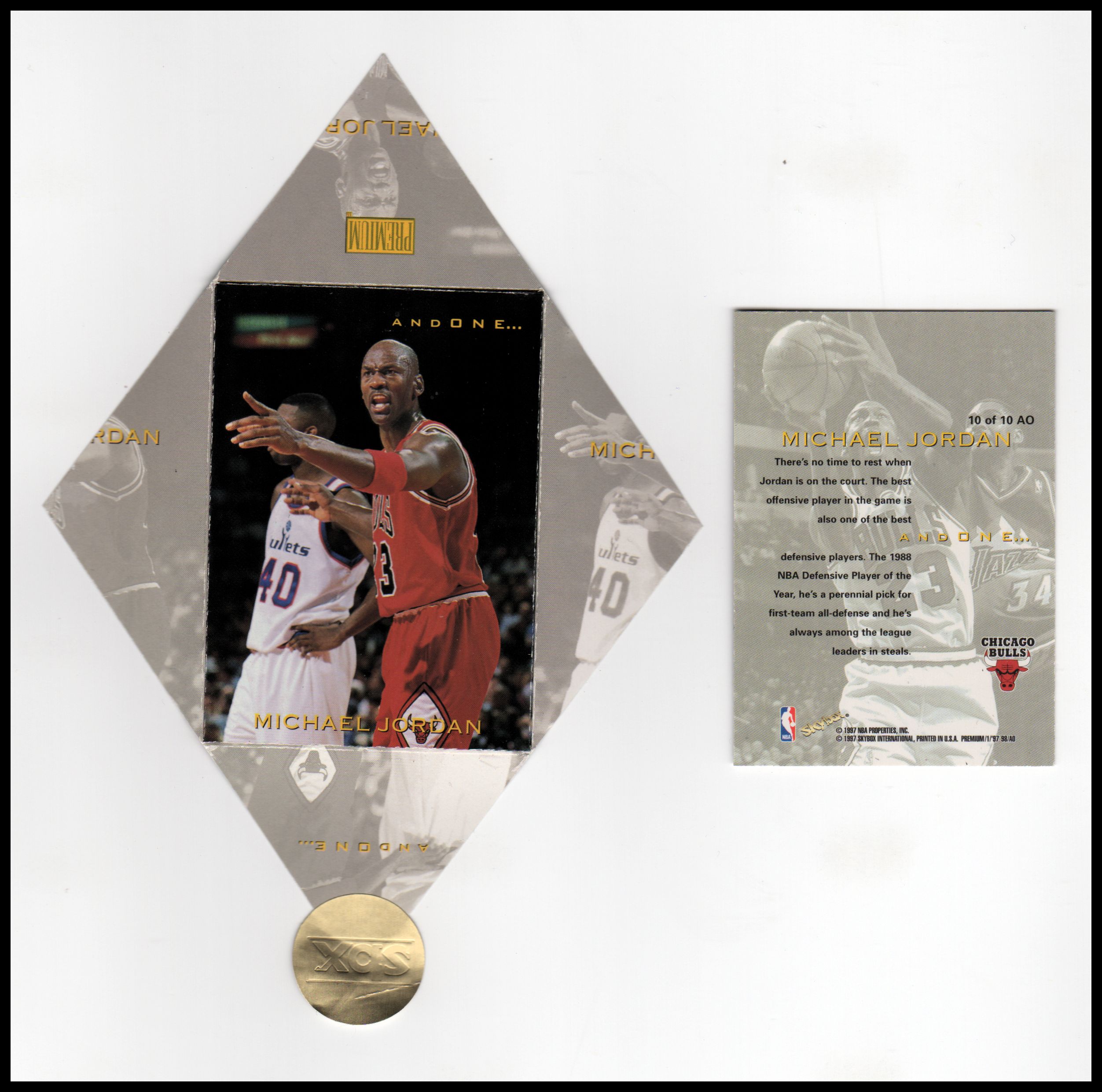1997-98 SkyBox Premium And One #10 Michael Jordan - Inner and outer cards!  Inner card is pretty clean, but the outer card has the typical problems  associated with a multi-fold card - NM