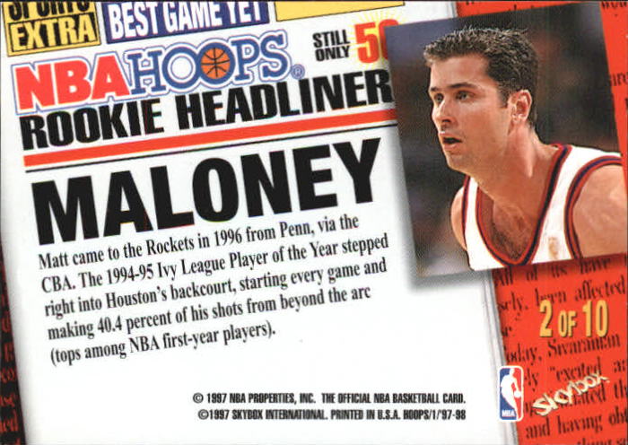 1997-98 Hoops Rookie Headliners #RH2 Matt Maloney back image