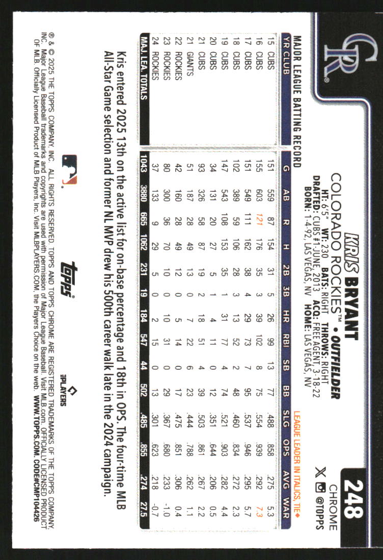2025 Topps Chrome Logofractor Purple Refractors #248 Kris Bryant /250
