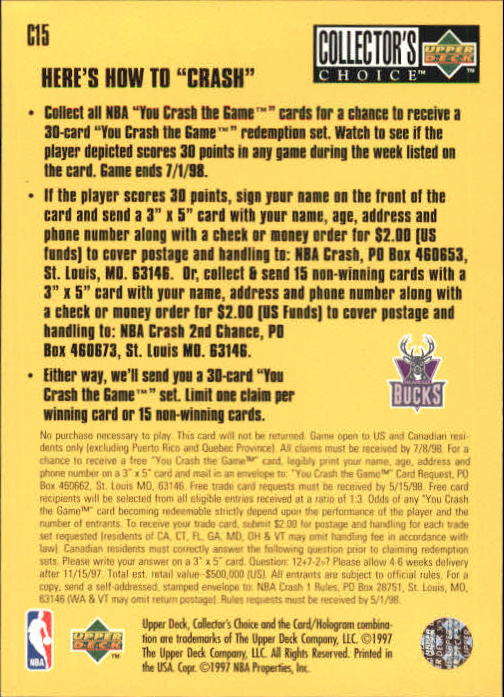 1997-98 Collector's Choice Crash the Game Scoring #C15A Glenn Robinson 11/17 L back image
