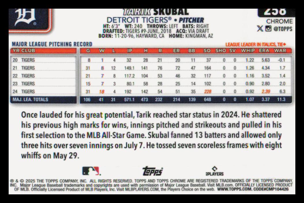 2025 Topps Chrome Sapphire #258 Tarik Skubal back image