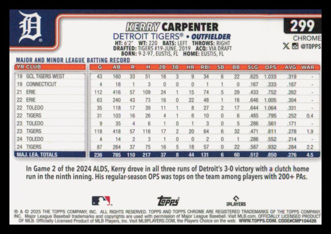 2025 Topps Chrome Sapphire #299 Kerry Carpenter back image