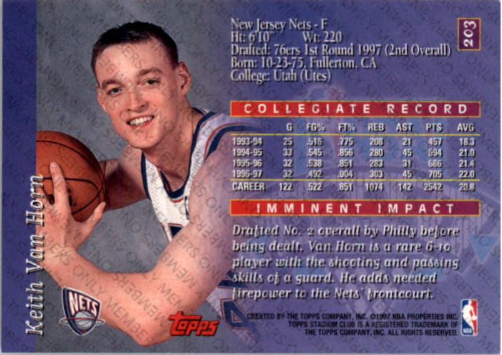 1997-98 Stadium Club Members Only Parallel I #203 Keith Van Horn back image