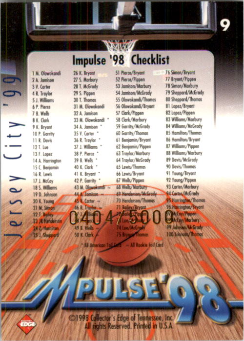 1998 Collector's Edge Impulse Jersey City '99 Gold #9 Radoslav Nesterovic back image