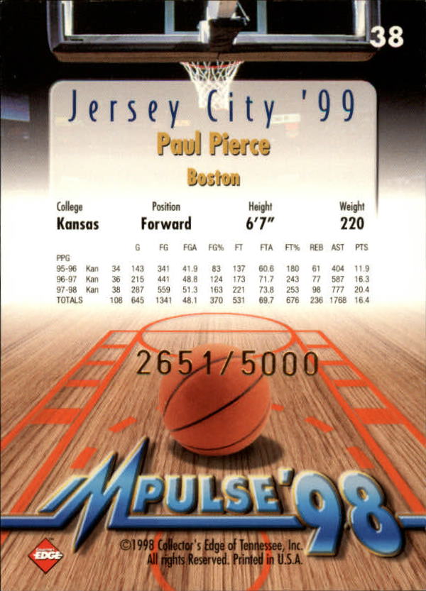 1998 Collector's Edge Impulse Jersey City '99 Gold #38 Paul Pierce AA back image