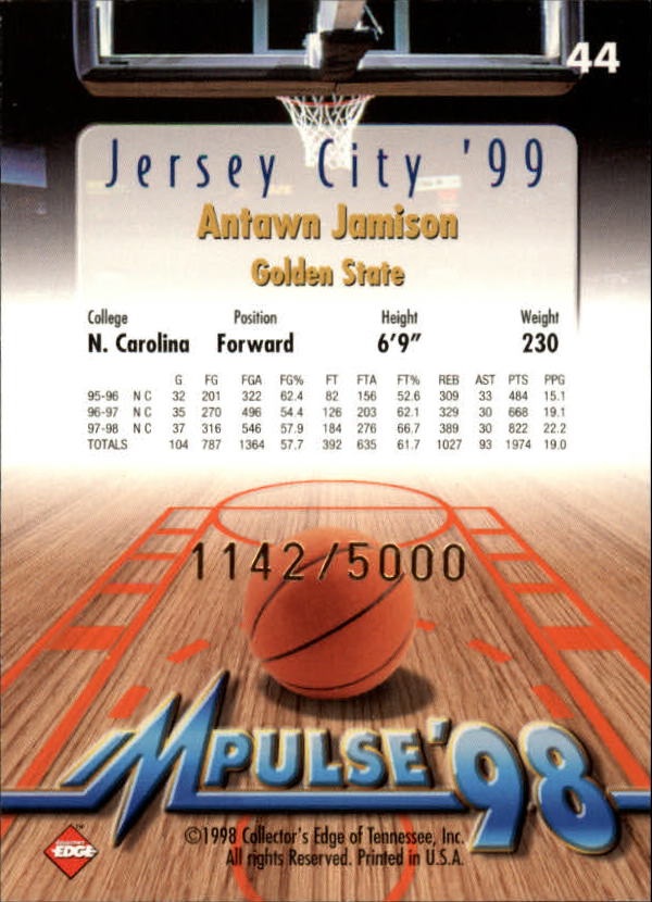 1998 Collector's Edge Impulse Jersey City '99 Gold #44 Antawn Jamison AR back image