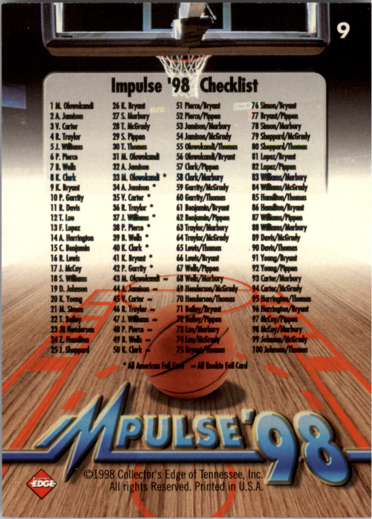 1998 Collector's Edge Impulse #9A Kobe Bryant CL back image