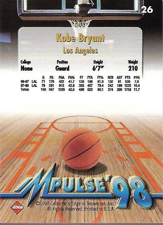 1998 Collector's Edge Impulse Parallel #26 Kobe Bryant back image