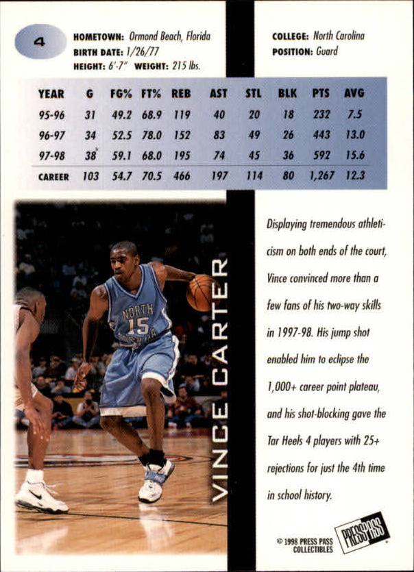 1998 Press Pass In The Zone #4 Vince Carter back image