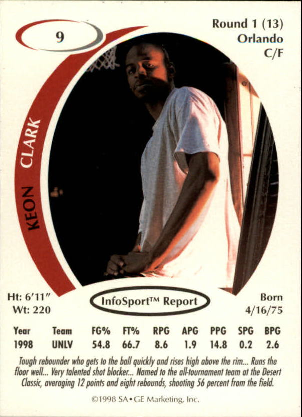 1998 SAGE #9 Keon Clark back image