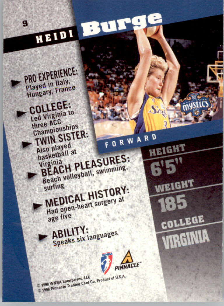 1998 Pinnacle WNBA #9 Heidi Burge RC back image