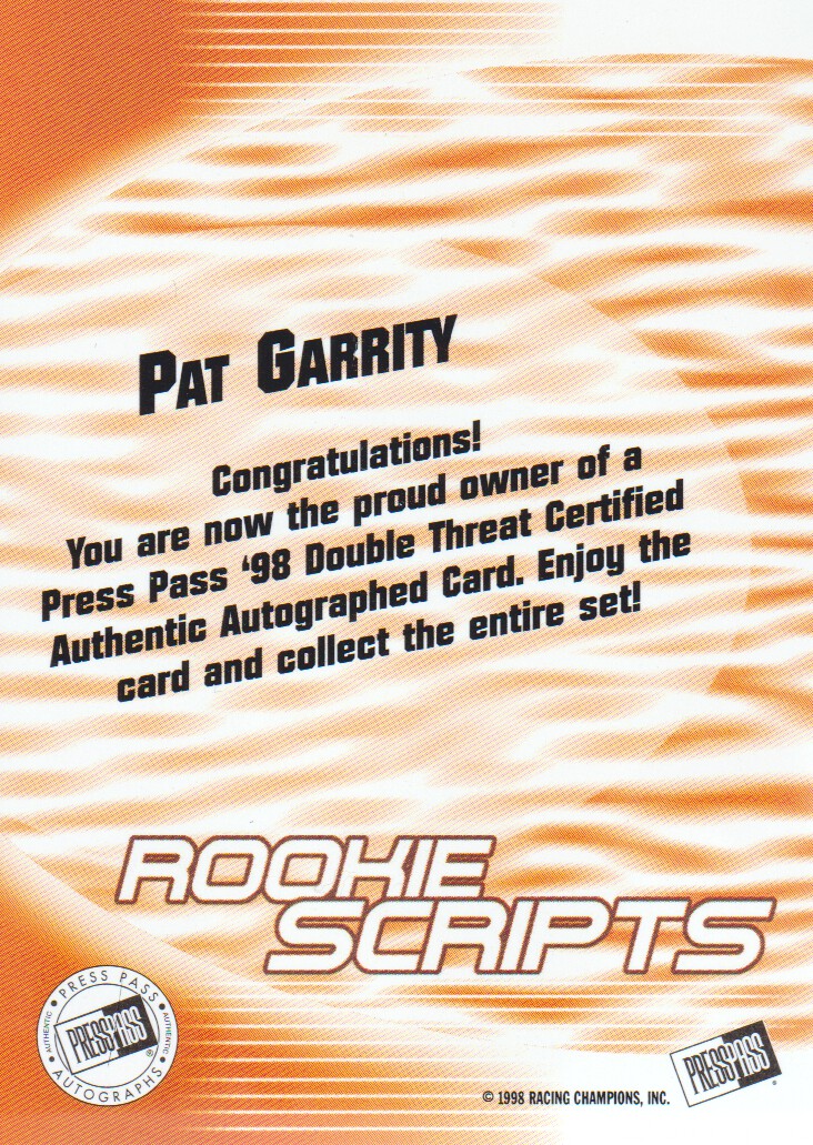 1998 Press Pass Double Threat Rookie Script Autographs #10 Pat Garrity back image