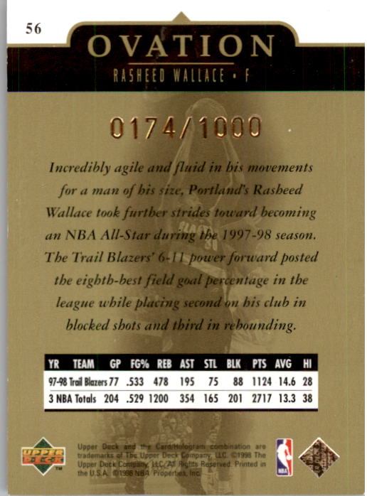 1998-99 Upper Deck Ovation Gold #56 Rasheed Wallace back image