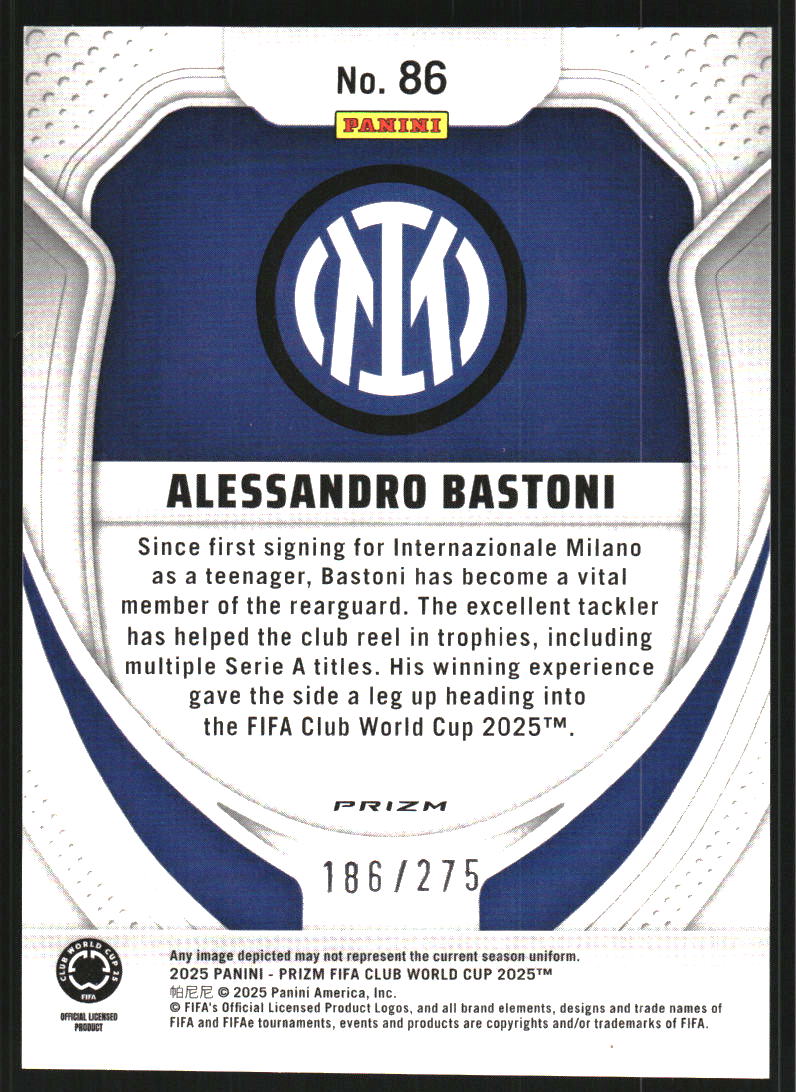 2025 Panini Prizm FIFA Club World Cup Prizms Blue Seismic #86 Alessandro Bastoni /275