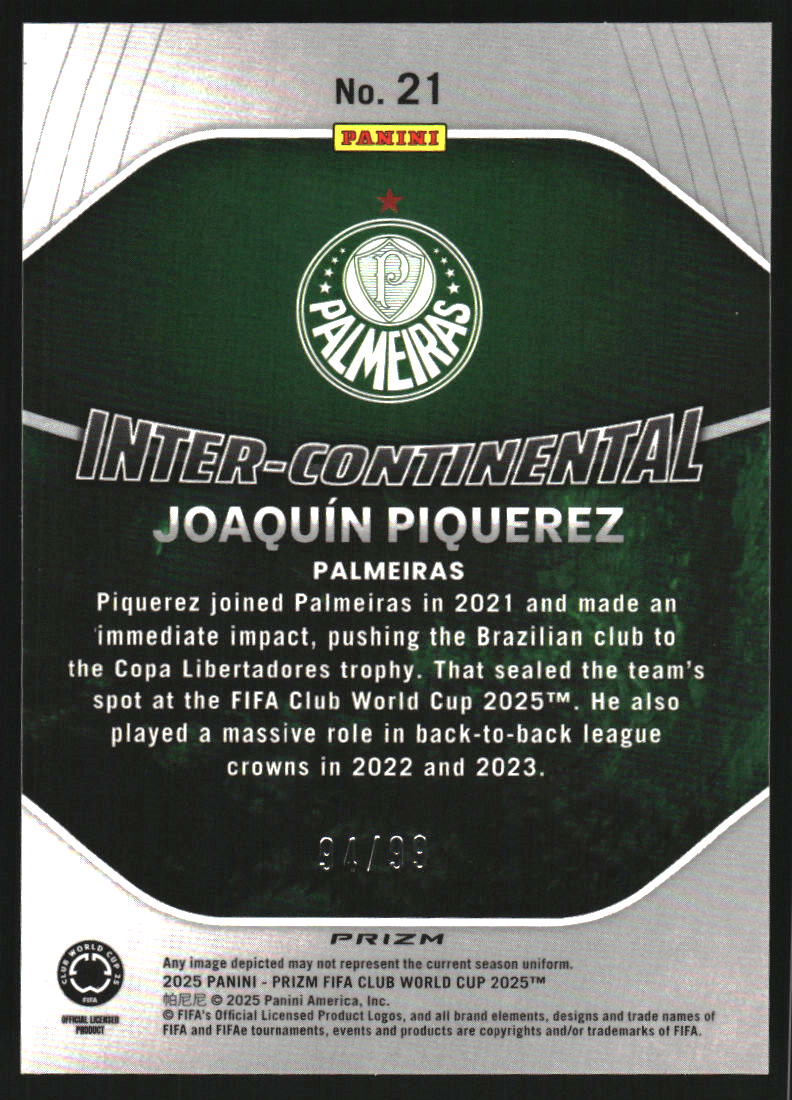 2025 Panini Prizm FIFA Club World Cup Inter-Continental Prizms Blue Ice #21 Joaquin Piquerez /99