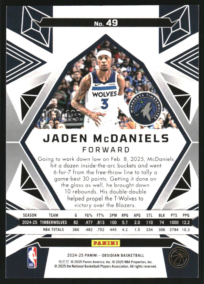 2024-25 Panini Obsidian Electric Etch Orange Flood #49 Jaden McDaniels /125