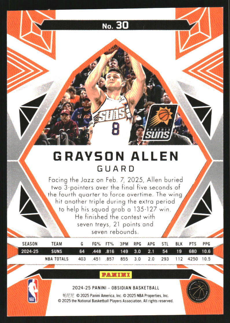 2024-25 Panini Obsidian Electric Etch Purple Flood #30 Grayson Allen /75