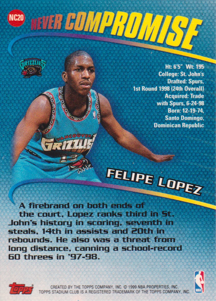 1998-99 Stadium Club Never Compromise #NC20 Felipe Lopez back image