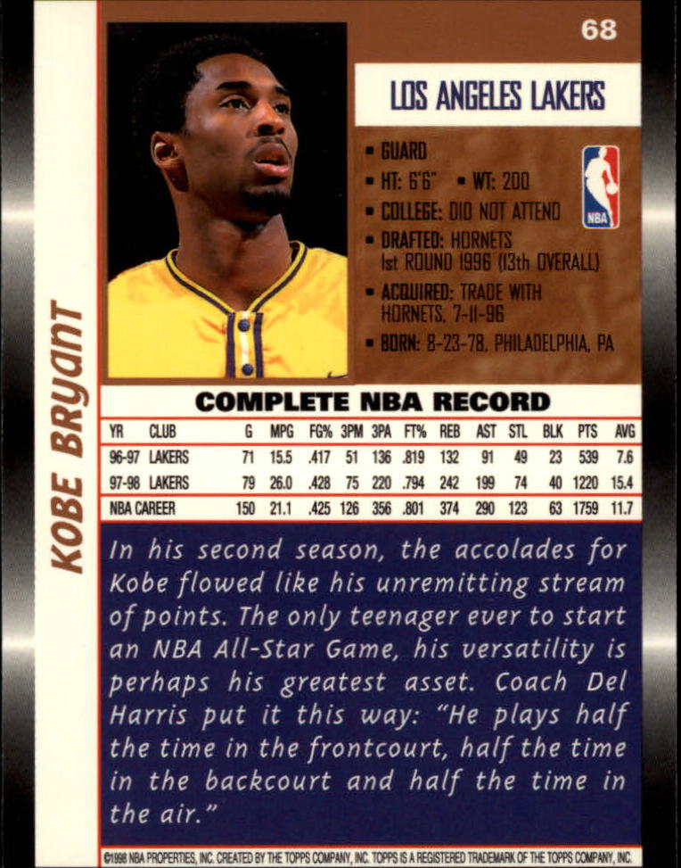 1998-99 Topps #68 Kobe Bryant back image