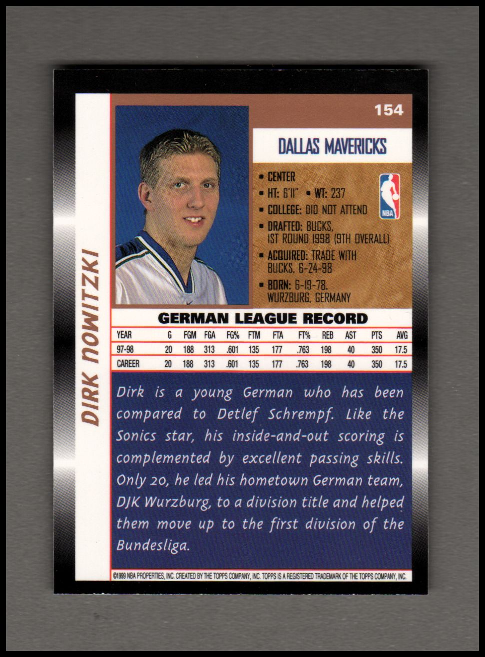 1998-99 Topps #154 Dirk Nowitzki RC back image