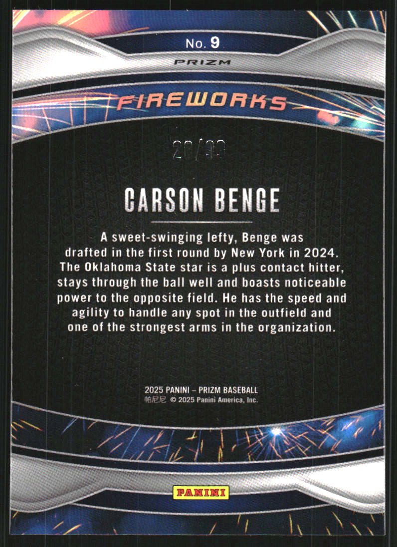 2025 Panini Prizm Fireworks Prizms Blue #9 Carson Benge /99