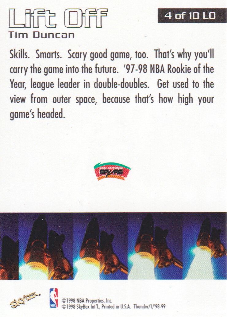 1998-99 SkyBox Thunder Lift Off #4 Tim Duncan back image