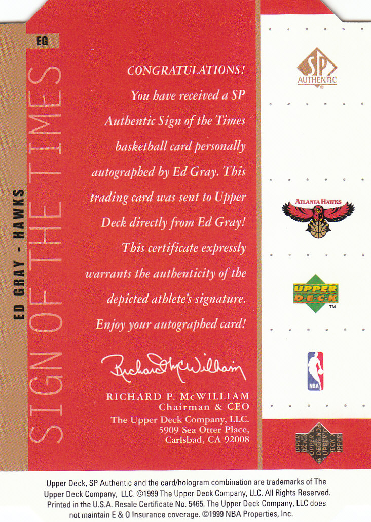 1998-99 SP Authentic Sign of the Times Bronze #EG Ed Gray back image