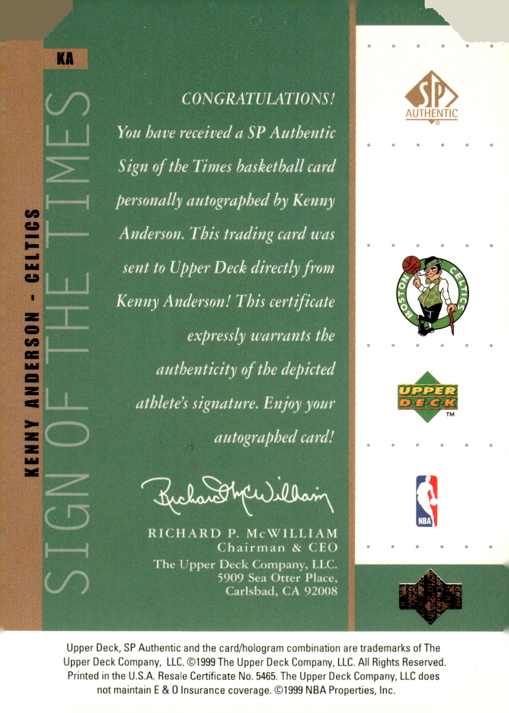 1998-99 SP Authentic Sign of the Times Bronze #KA Kenny Anderson back image