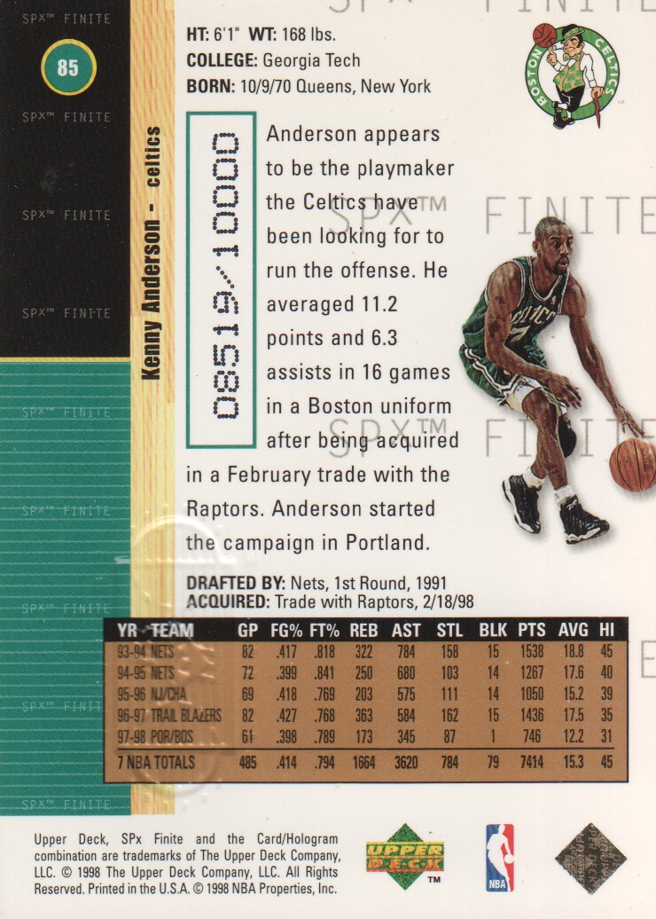 1998-99 SPx Finite #85 Kenny Anderson back image