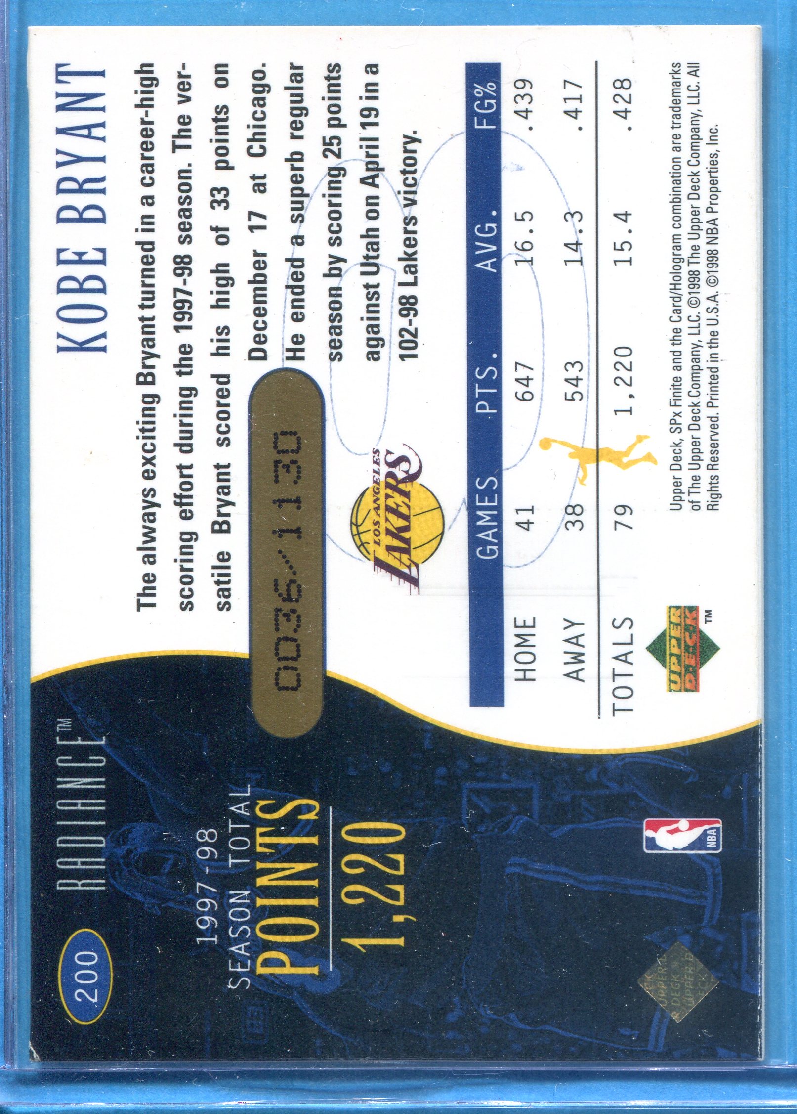 1998-99 SPx Finite Radiance #200 Kobe Bryant TF - (#36/1,130 1998-99 SPx Finite Radiance #200 Kobe Bryant TF - (#36/1,130