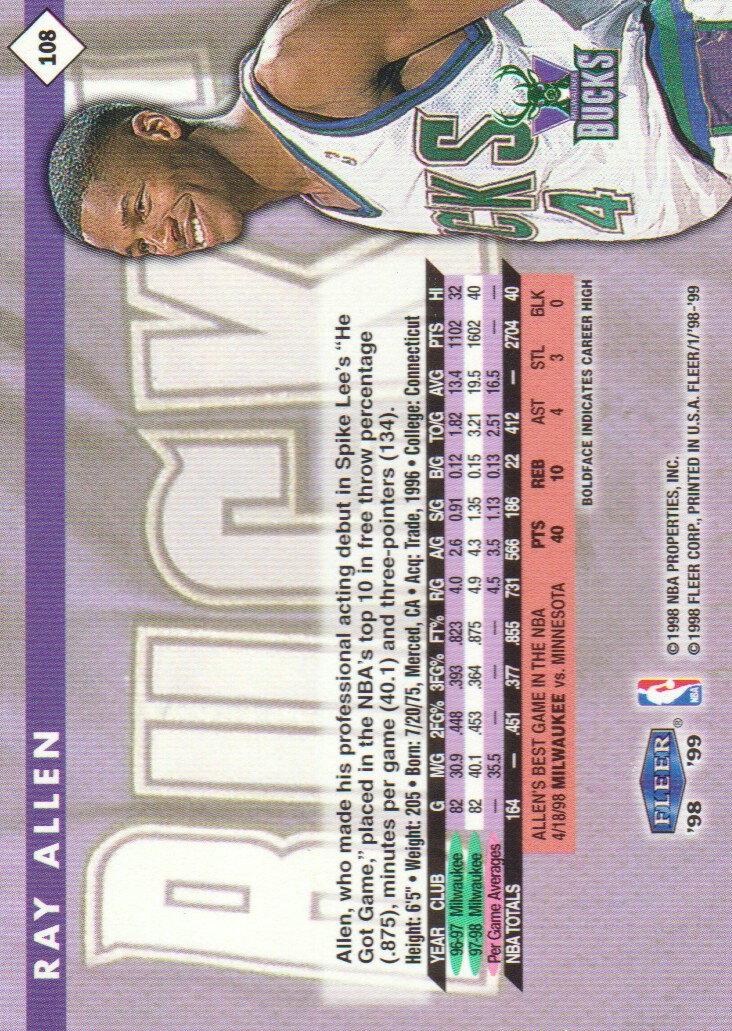 1998-99 Fleer #108 Ray Allen back image