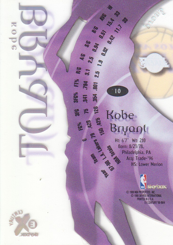 1998-99 E-X Century #10 Kobe Bryant back image