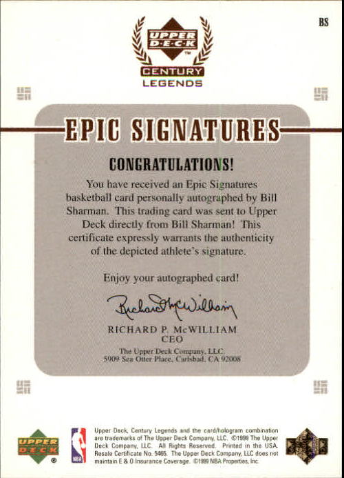 1999 Upper Deck Century Legends Epic Signatures #BS Bill Sharman back image