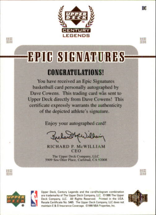 1999 Upper Deck Century Legends Epic Signatures #DC Dave Cowens back image