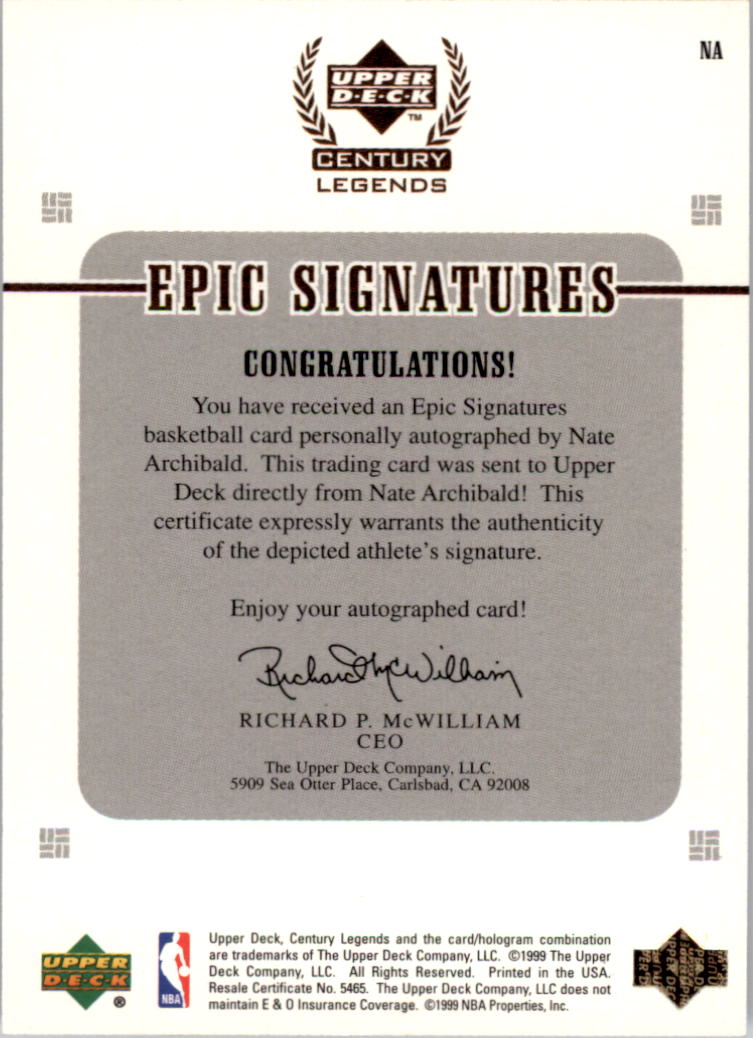 1999 Upper Deck Century Legends Epic Signatures #NA Nate Archibald back image