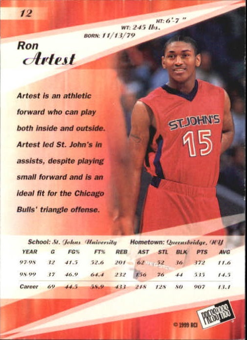 1999 Press Pass SE #12 Ron Artest back image