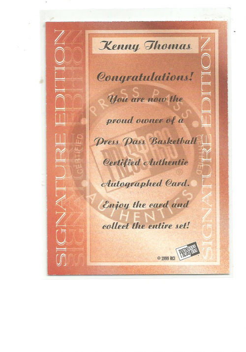 1999 Press Pass SE Autographs #36 Kenny Thomas back image