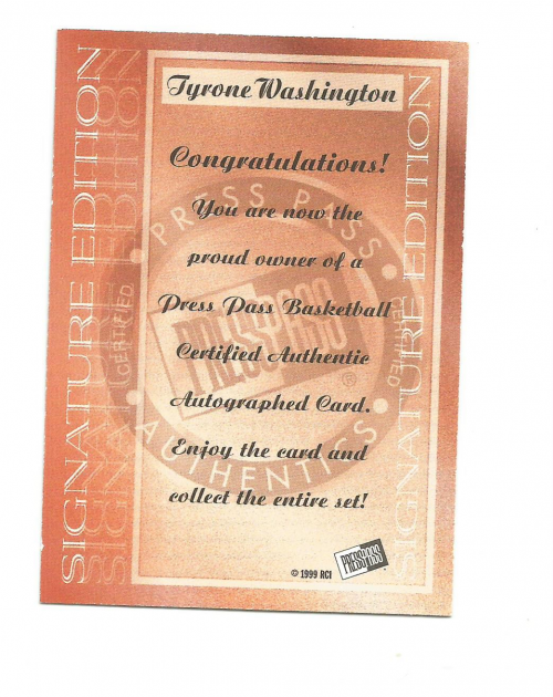 1999 Press Pass SE Autographs #37 Tyrone Washington back image