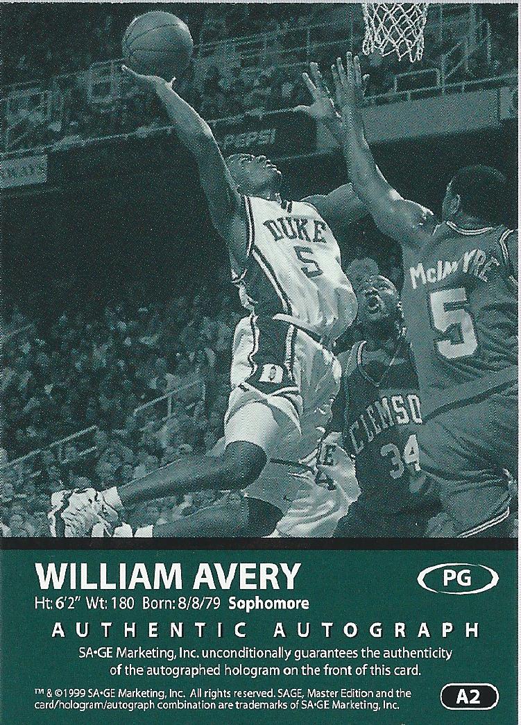 1999 SAGE Autographs #A2 William Avery/999 back image