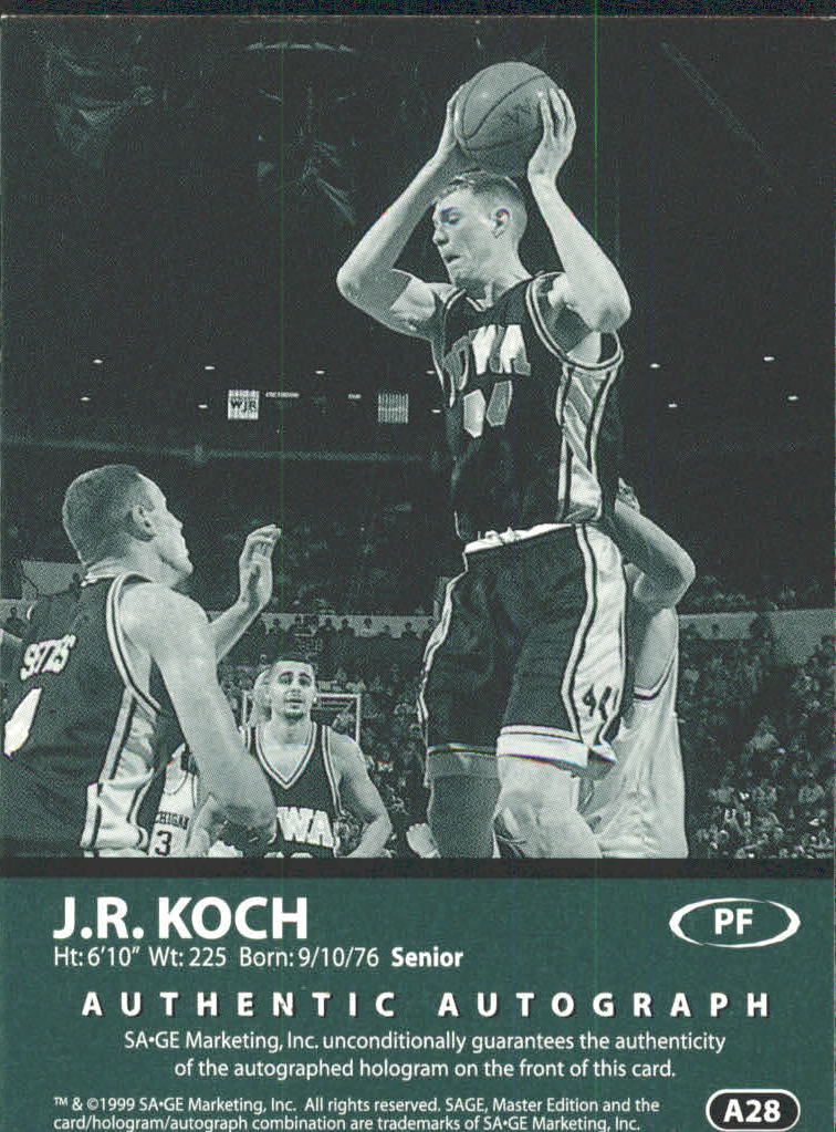 1999 SAGE Autographs #A28 J.R. Koch/999 back image