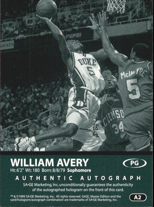 1999 SAGE Autographs Bronze #A2 William Avery/650 back image