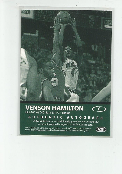 1999 SAGE Autographs Bronze #A23 Venson Hamilton/650 back image