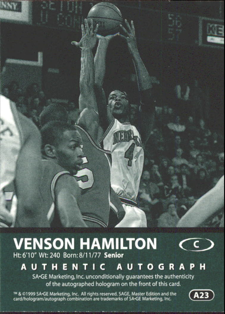 1999 SAGE Autographs Silver #A23 Venson Hamilton/400 back image