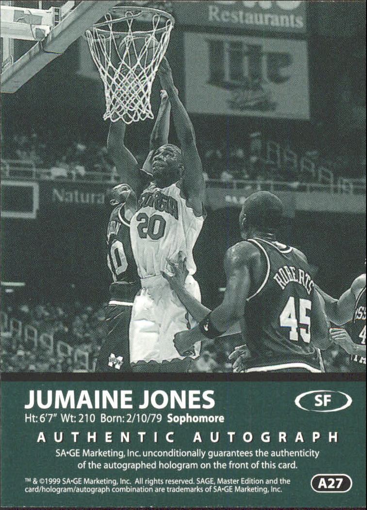 1999 SAGE Autographs Silver #A27 Jumaine Jones/400 back image
